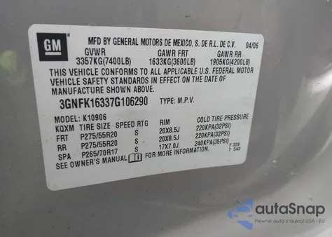 2007 Chevrolet Suburban 1500 Ltz z USA, uszkodzony, nr VIN 3GNFK16337G106290